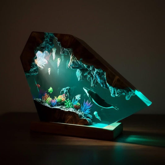 Ocean Seascape Resin Lamp: Jellyfish & Whale LED Light