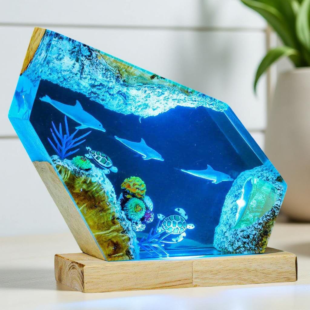 Ocean-Themed Dolphin and Turtle Resin Art Lamp – Handmade Epoxy Night Light