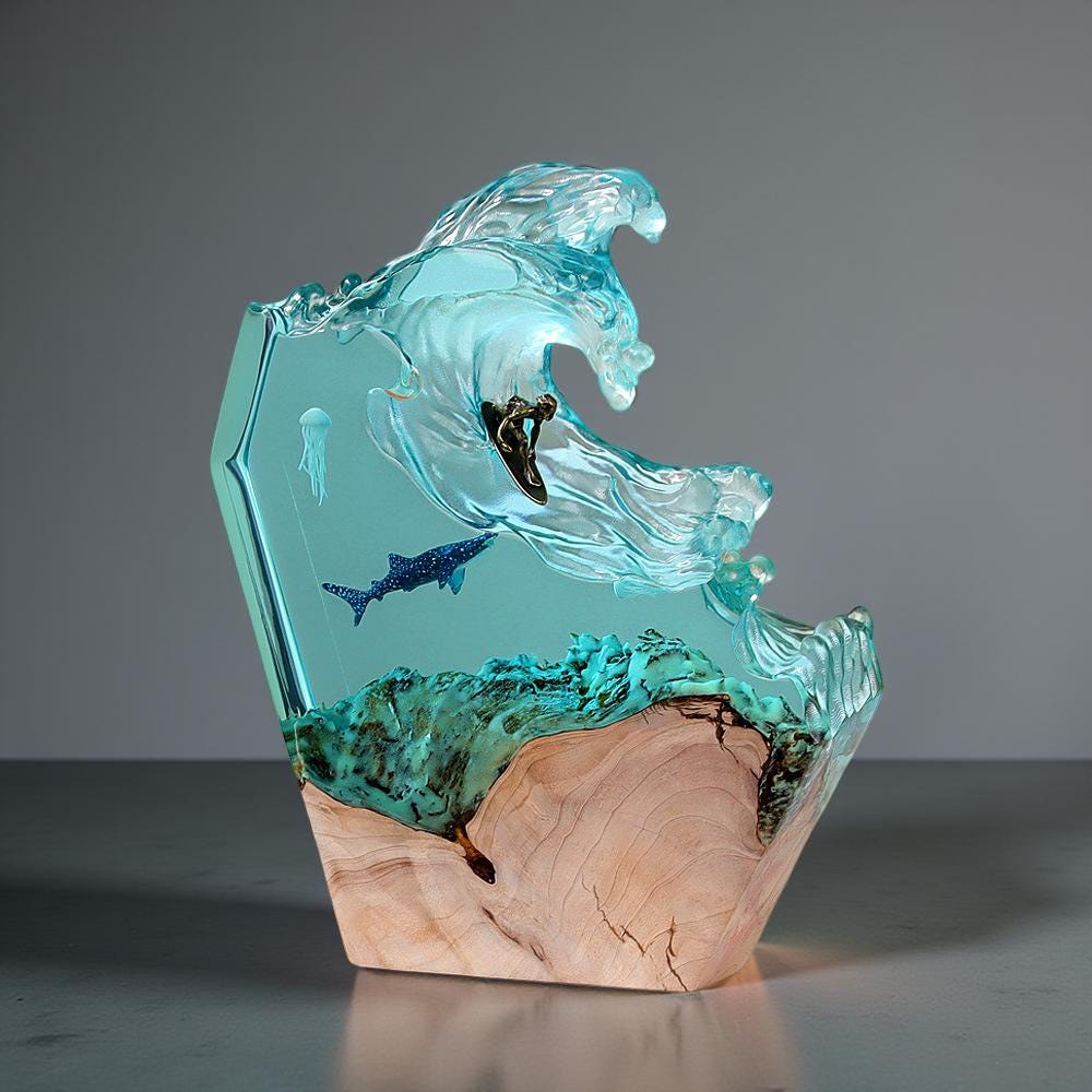 Ocean Wave & Whale Resin Art Lamp – Handmade Wave Sculpture with Wood Base