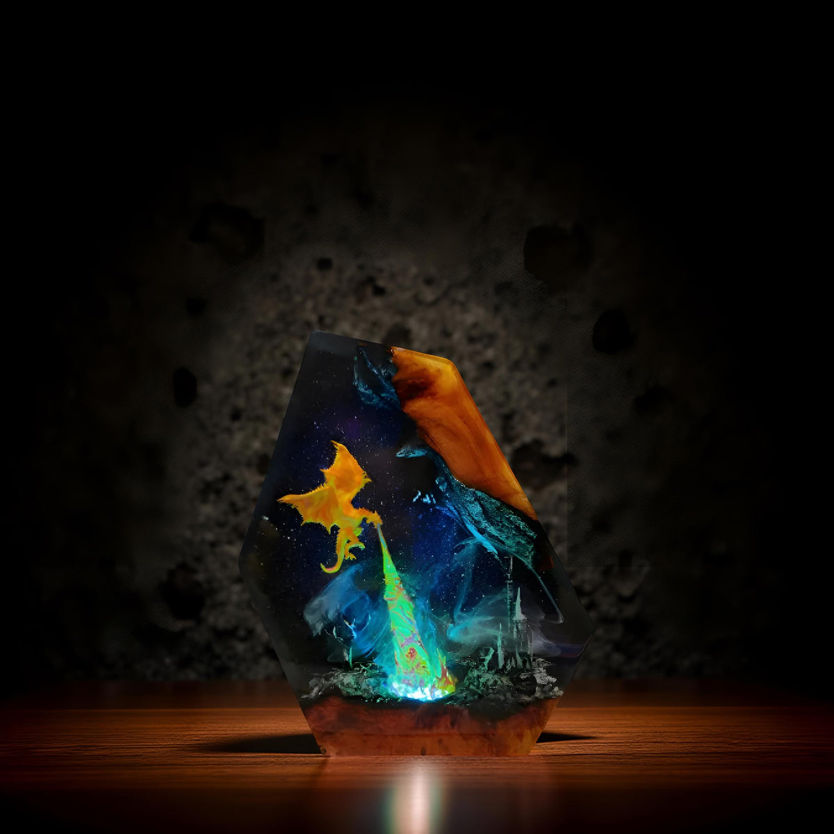 Dragon Volcano Resin Art Lamp – Handmade Night Light with Castle Scene