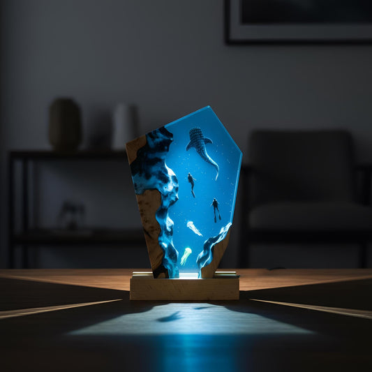 Whale Diver Resin Night Light: Ocean LED Desk Lamp with Jellyfish