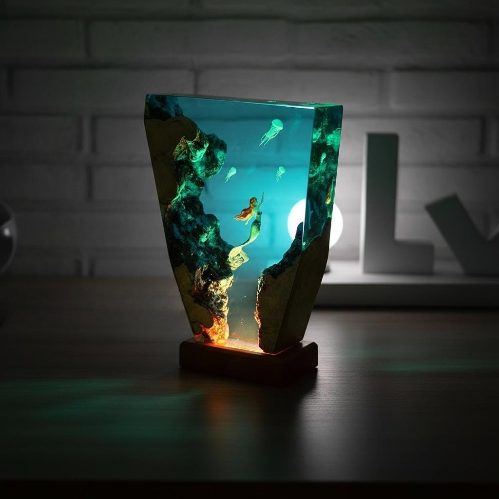Mermaid Jellyfish Resin Lamp: Ocean Epoxy Night Light with Wooden Base