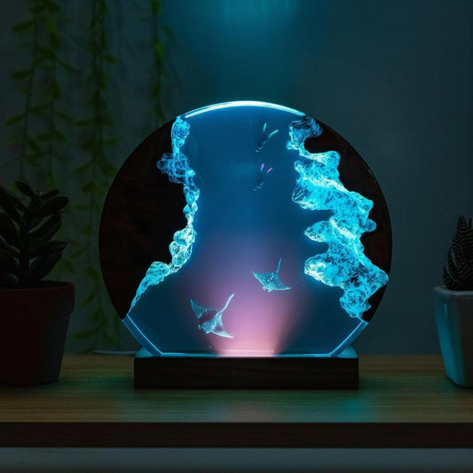 Diver and Manta Ray Resin Lamp: Ocean Solid Wood Night Light