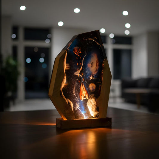 Interstellar Spaceship Resin Lamp: Handmade Solid Wood Night Light