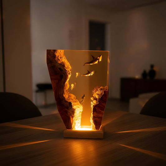 Orca Family Resin Night Light: Whale Ocean LED Desk Lamp