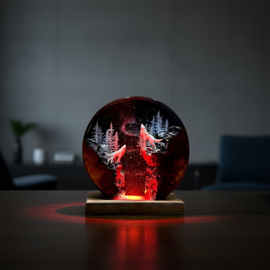 Snow Wolf Resin Night Light: Wolf Forest LED Lamp