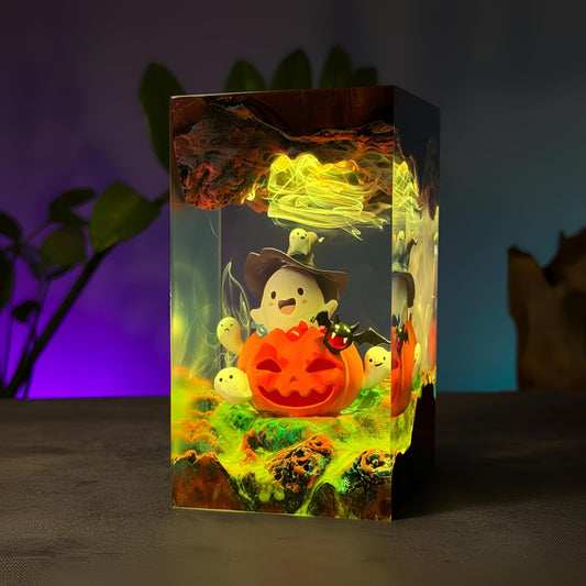 Ghost Pumpkin Resin Night Light: Whimsical Halloween Scene Lamp