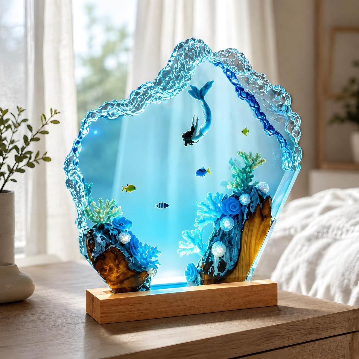 Ocean Mermaid Resin Lamp, Underwater LED Night Light, Coral Reef Coastal Decor