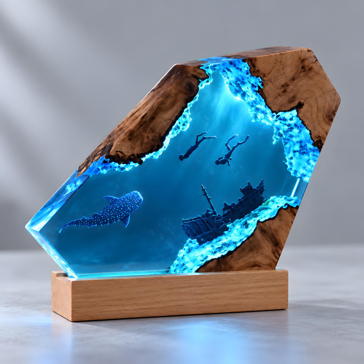 Underwater Resin Lamp, Scuba Diver Shipwreck Night Light, Sea Life Desk Decor
