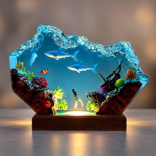 Shark Resin Lamp, Scuba Diver LED Night Light, Ocean Shipwreck Coastal Decor