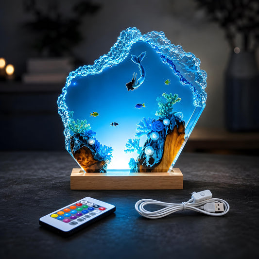Ocean Mermaid Resin Lamp, Underwater LED Night Light, Coral Reef Coastal Decor