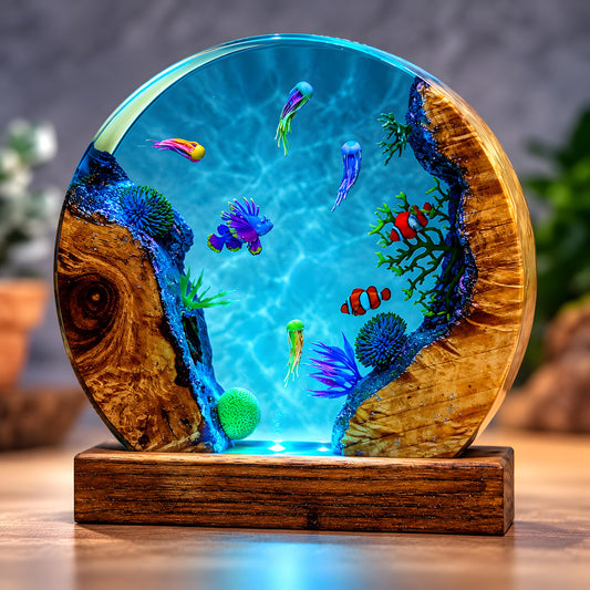 Ocean Resin Lamp, Tropical Fish LED Night Light, Coral Reef Marine Decor, Coastal Lamp