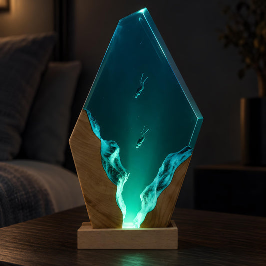 Ocean Resin Lamp, Scuba Diver LED Night Light, Underwater Coastal Decor, Epoxy Desk Lamp
