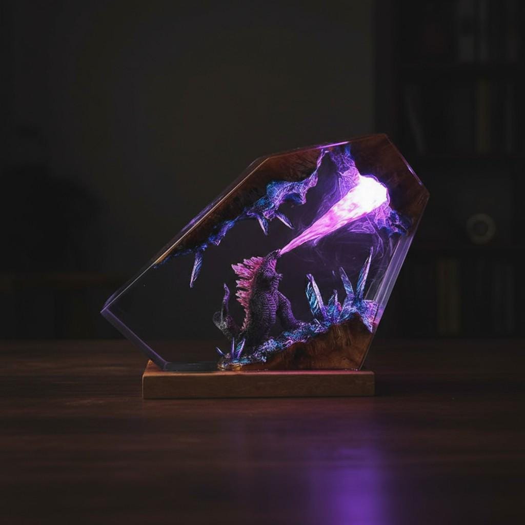 Epic Godzilla Battle Resin Lamp: Handmade Diorama Night Light