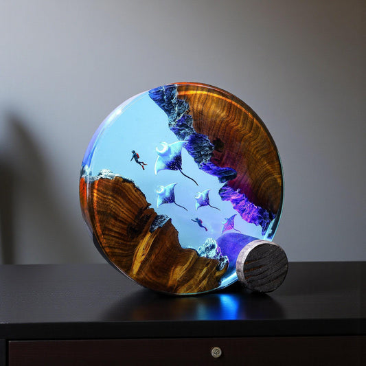 Deep Sea Manta Ray Resin Lamp, Ocean Diorama Night Light