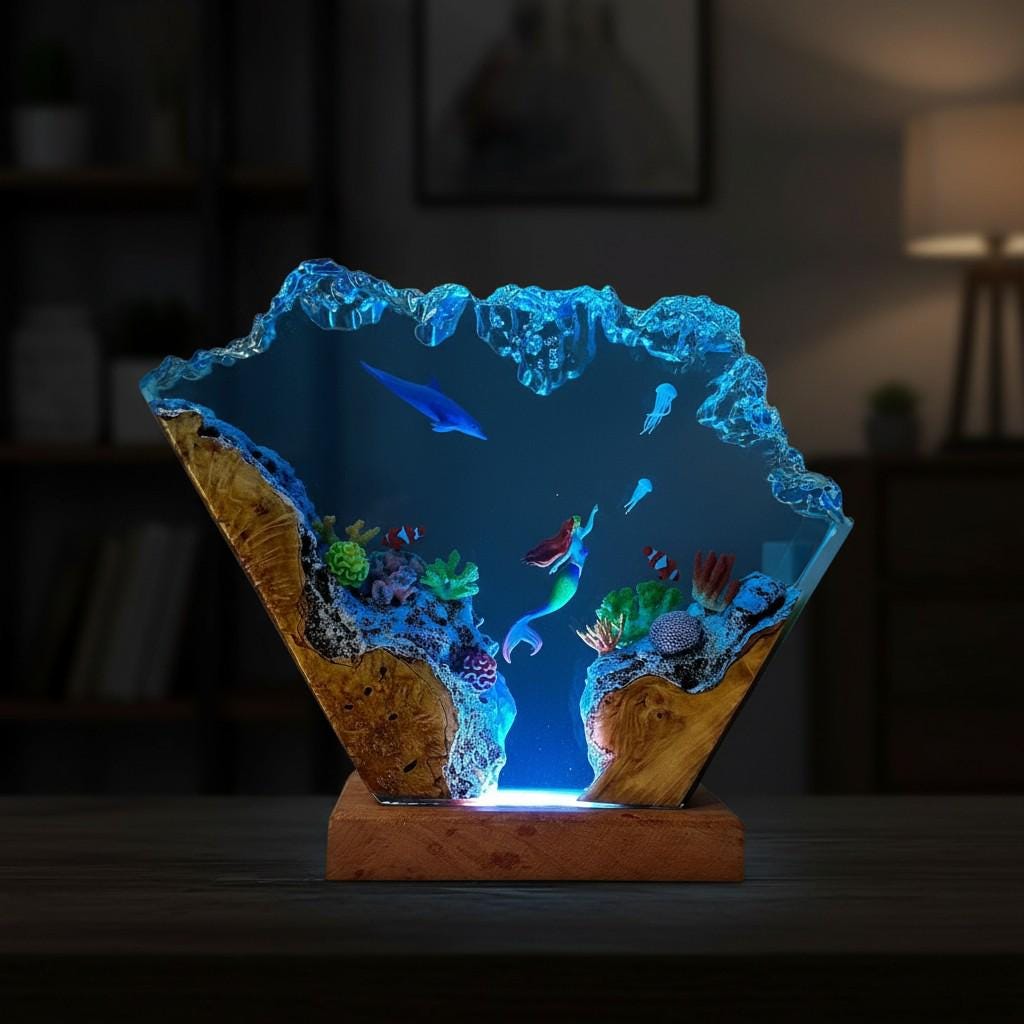 Mermaid & Dolphin Ocean Resin Lamp: Underwater Fantasy Night Light
