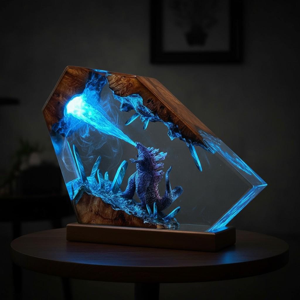 Epic Godzilla Battle Resin Lamp: Handmade Diorama Night Light