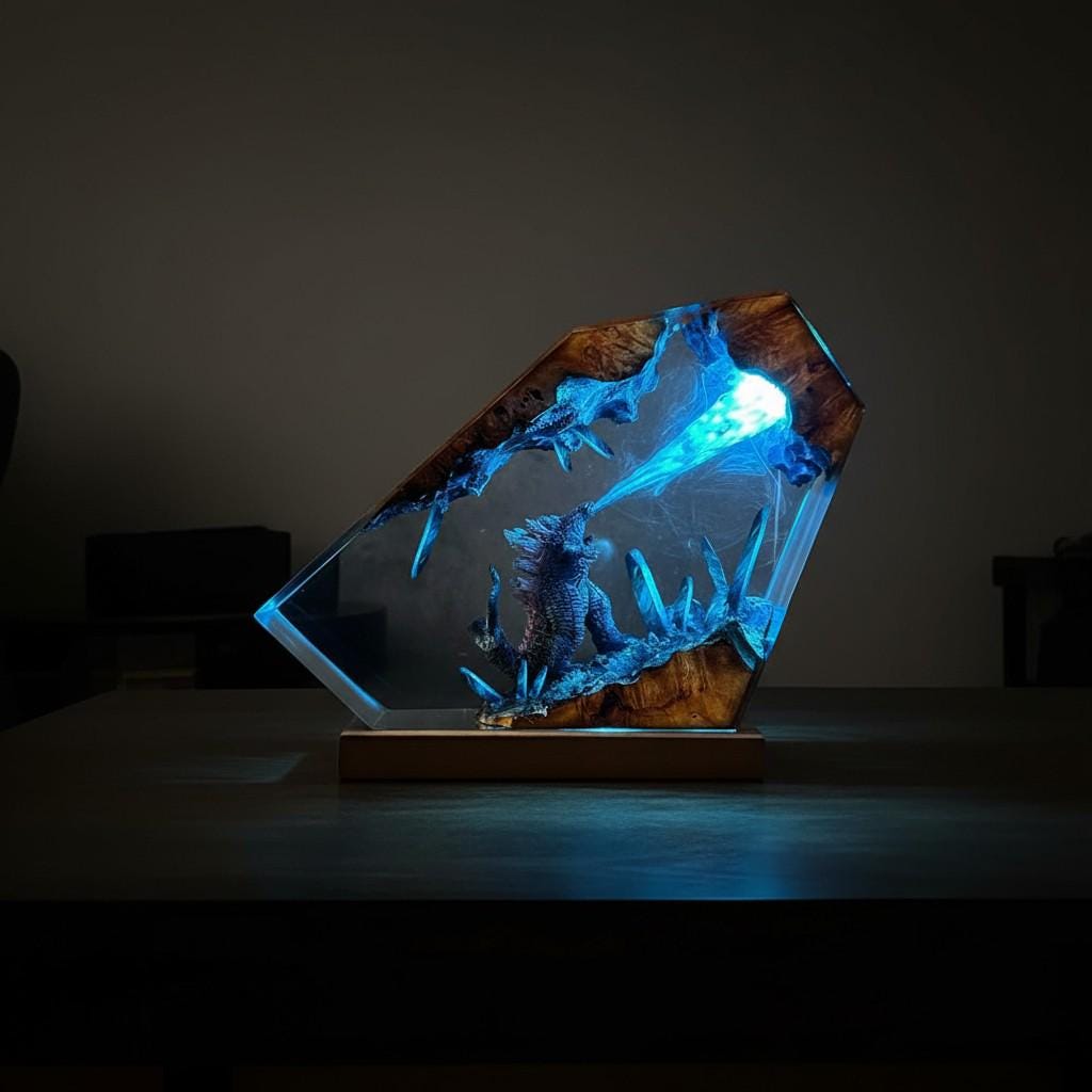 Epic Godzilla Battle Resin Lamp: Handmade Diorama Night Light