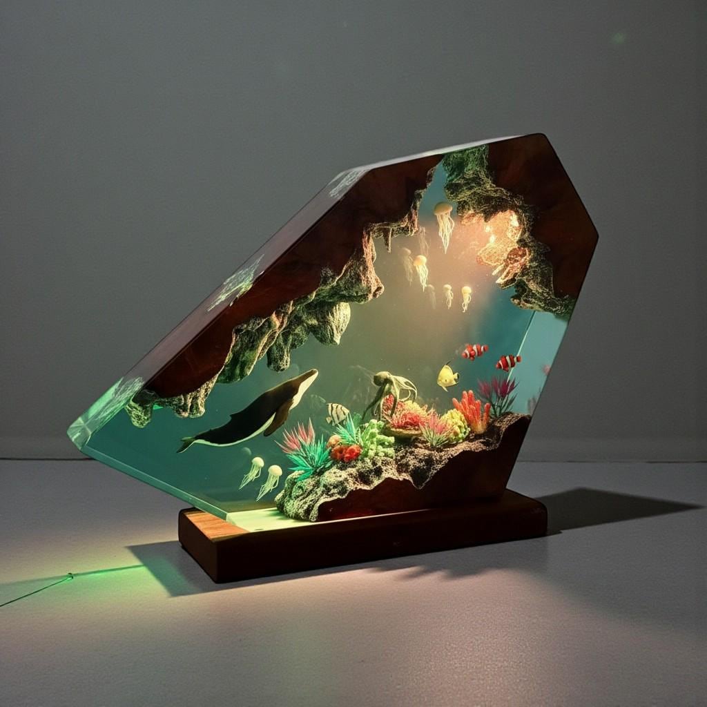 Ocean Seascape Resin Lamp: Jellyfish & Whale LED Light