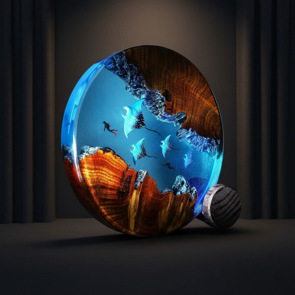 Deep Sea Manta Ray Resin Lamp, Ocean Diorama Night Light