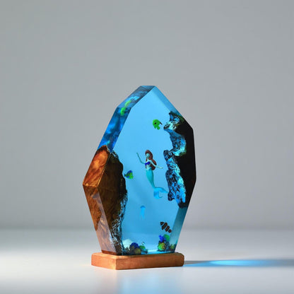 Mermaid Ocean Scene Resin Night Light – Handmade Epoxy Lamp with Wood Base