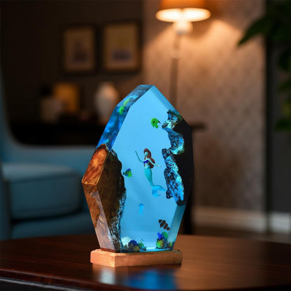 Mermaid Ocean Scene Resin Night Light – Handmade Epoxy Lamp with Wood Base