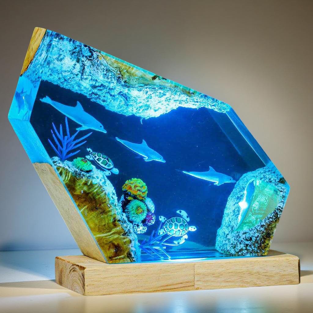 Ocean-Themed Dolphin and Turtle Resin Art Lamp – Handmade Epoxy Night Light