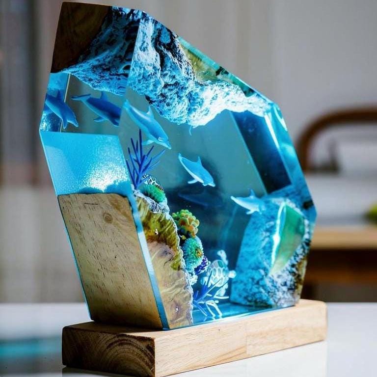 Ocean-Themed Dolphin and Turtle Resin Art Lamp – Handmade Epoxy Night Light