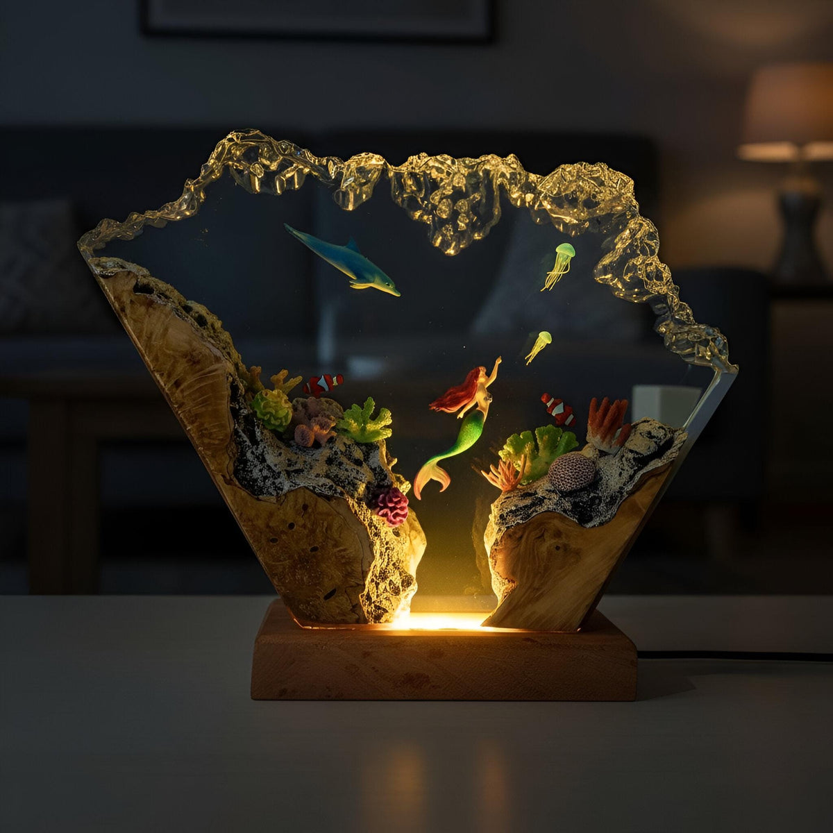Mermaid & Dolphin Ocean Resin Lamp: Underwater Fantasy Night Light