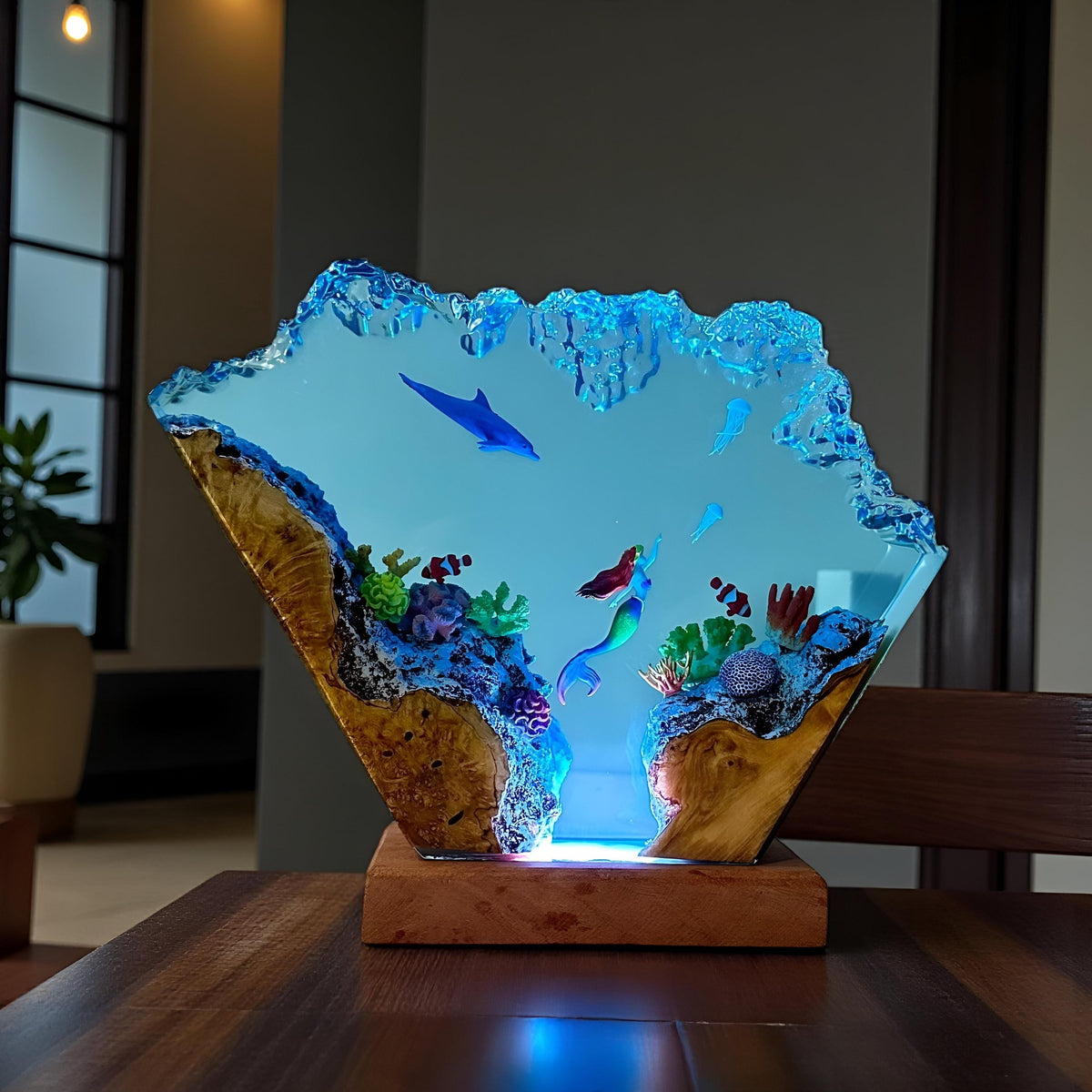 Mermaid & Dolphin Ocean Resin Lamp: Underwater Fantasy Night Light