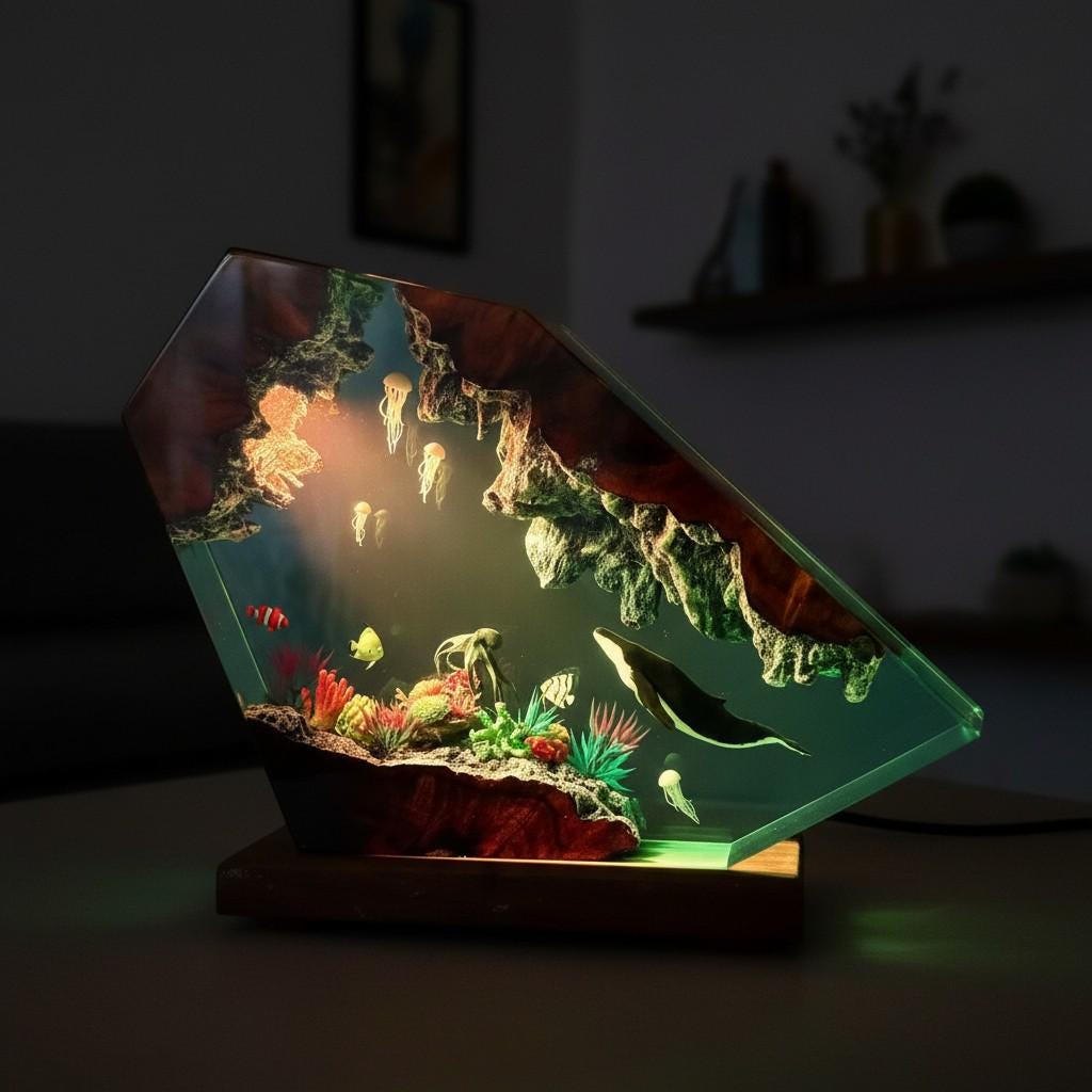 Ocean Seascape Resin Lamp: Jellyfish & Whale LED Light