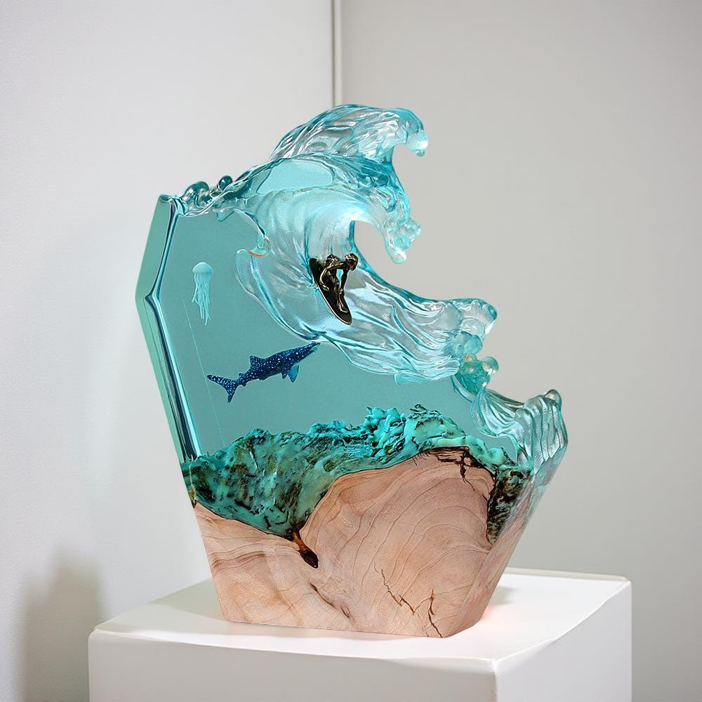 Ocean Wave & Whale Resin Art Lamp – Handmade Wave Sculpture with Wood Base