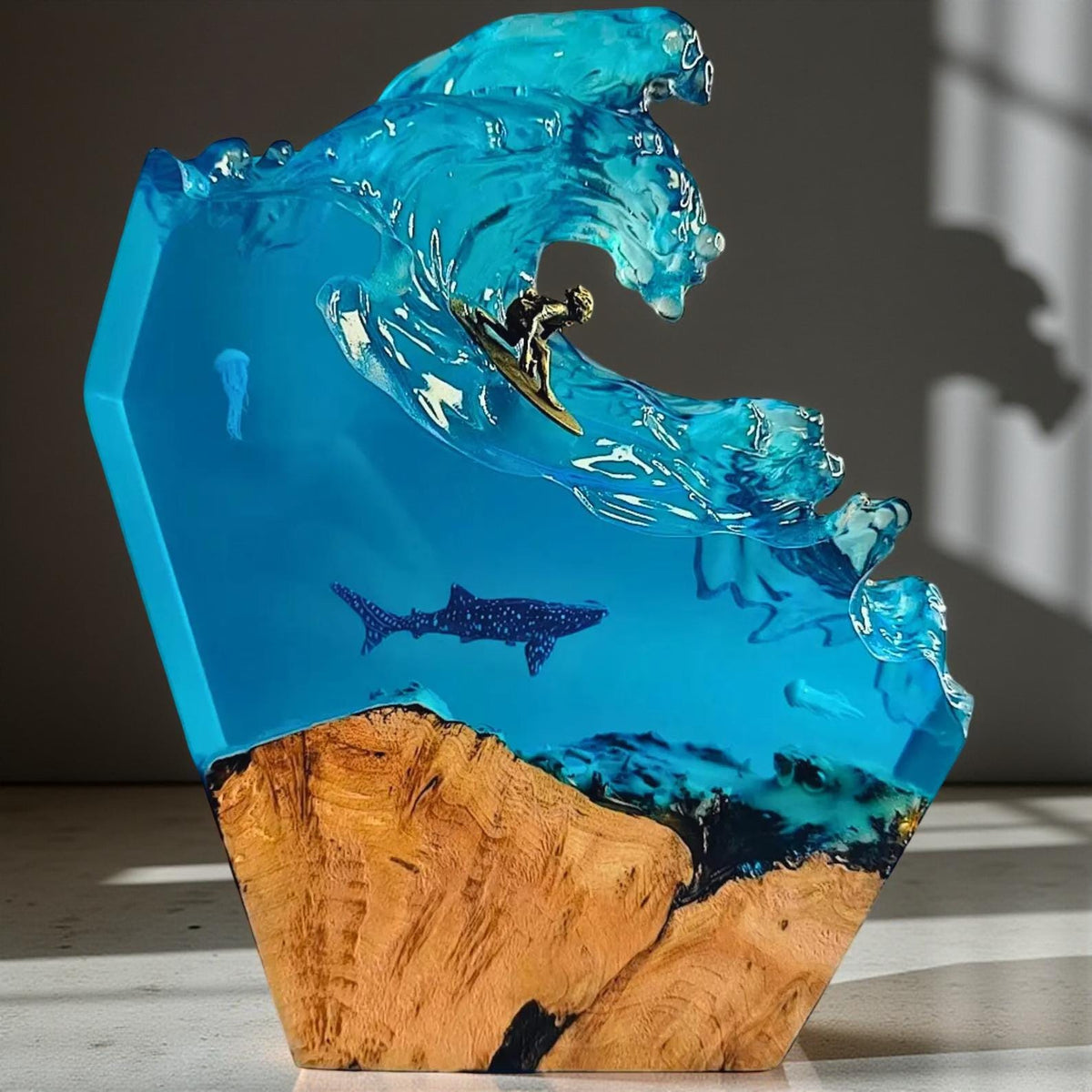 Ocean Wave & Whale Resin Art Lamp – Handmade Wave Sculpture with Wood Base