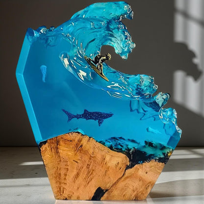Ocean Wave & Whale Resin Art Lamp – Handmade Wave Sculpture with Wood Base