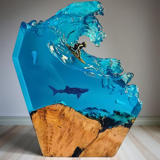 Ocean Wave & Whale Resin Art Lamp – Handmade Wave Sculpture with Wood Base