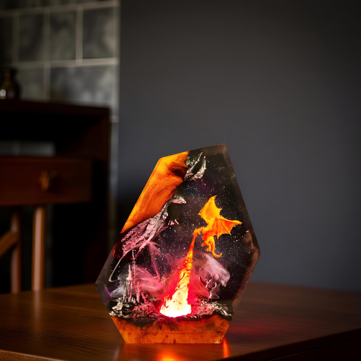Dragon Volcano Resin Art Lamp – Handmade Night Light with Castle Scene