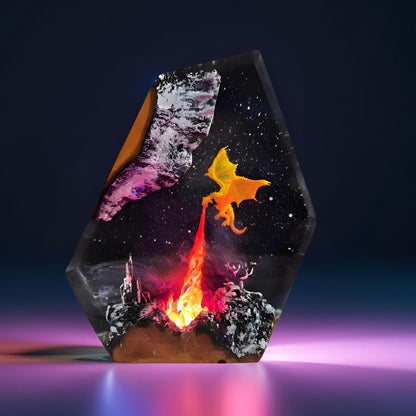 Dragon Volcano Resin Art Lamp – Handmade Night Light with Castle Scene
