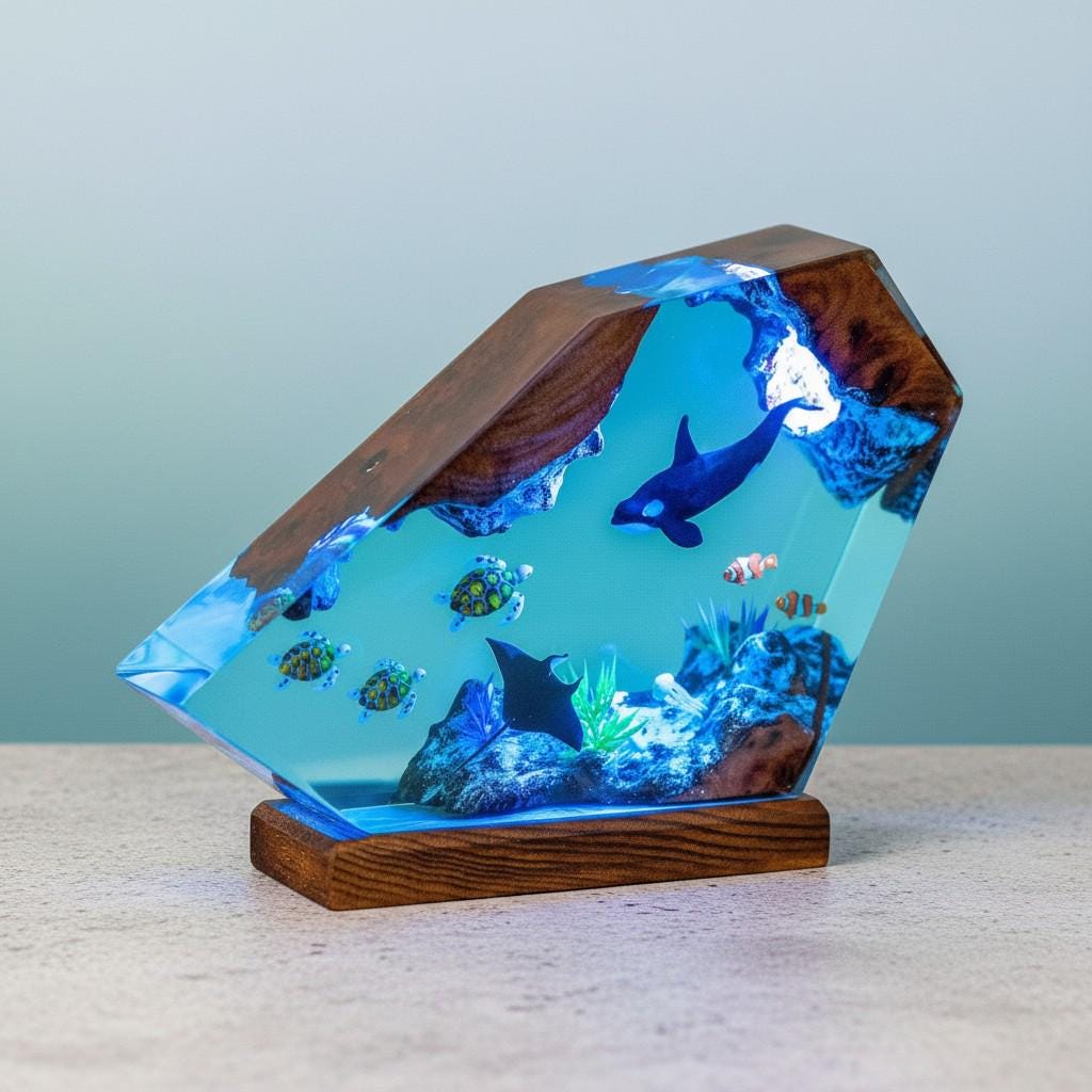 3D Marine Life Resin Lamp – Epoxy Night Light with Whale, Turtles & Tropical Fish