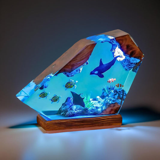 3D Marine Life Resin Lamp – Epoxy Night Light with Whale, Turtles & Tropical Fish