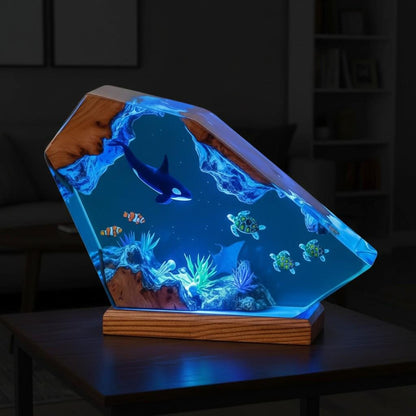 3D Marine Life Resin Lamp – Epoxy Night Light with Whale, Turtles & Tropical Fish