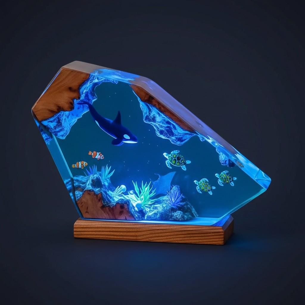 3D Marine Life Resin Lamp – Epoxy Night Light with Whale, Turtles & Tropical Fish