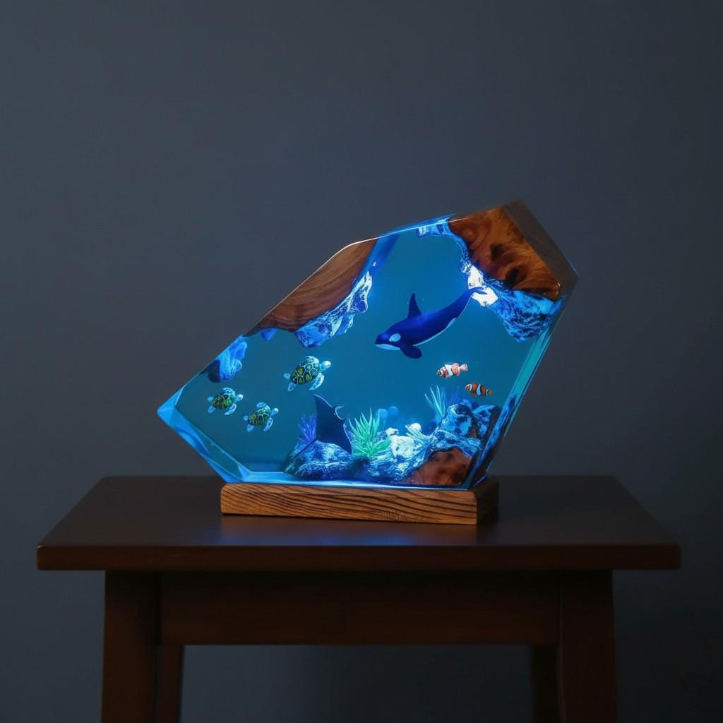 3D Marine Life Resin Lamp – Epoxy Night Light with Whale, Turtles & Tropical Fish