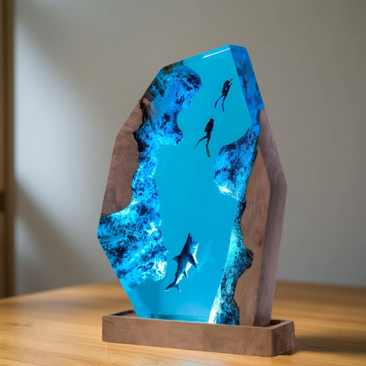 Ocean Depths Resin Night Light – Shark & Diver Underwater Scene Lamp