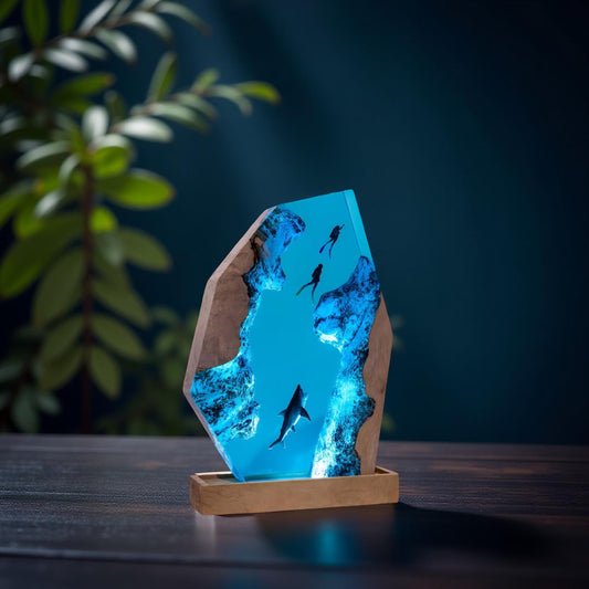 Ocean Depths Resin Night Light – Shark & Diver Underwater Scene Lamp
