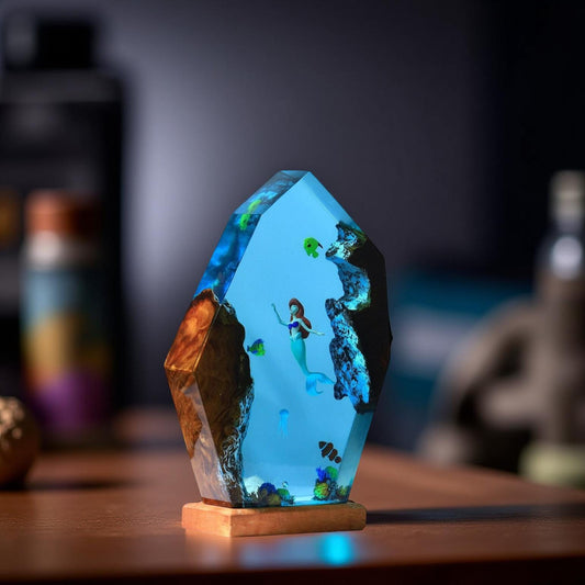 Mermaid Ocean Scene Resin Night Light – Handmade Epoxy Lamp with Wood Base