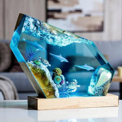Ocean-Themed Dolphin and Turtle Resin Art Lamp – Handmade Epoxy Night Light