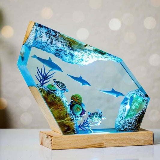 Ocean-Themed Dolphin and Turtle Resin Art Lamp – Handmade Epoxy Night Light