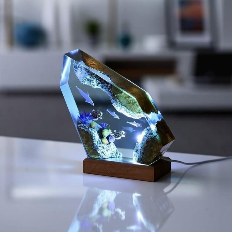 Ocean-Themed Dolphin and Turtle Resin Art Lamp – Handmade Epoxy Night Light