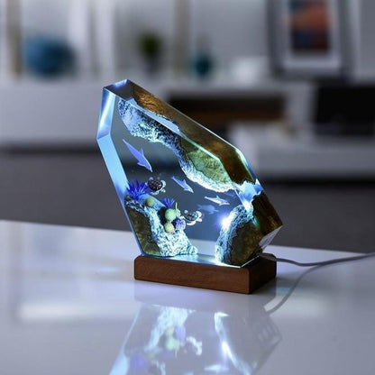 Ocean-Themed Dolphin and Turtle Resin Art Lamp – Handmade Epoxy Night Light