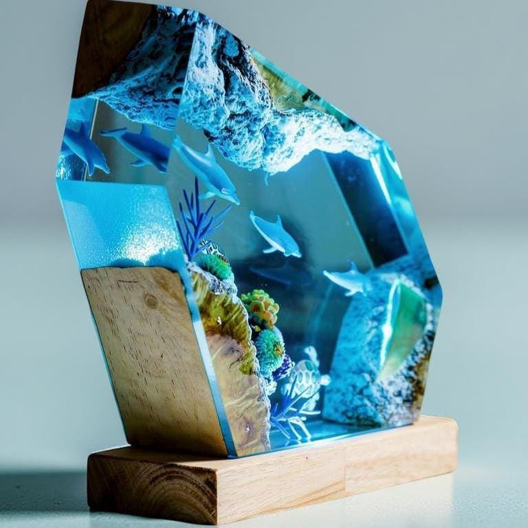 Ocean-Themed Dolphin and Turtle Resin Art Lamp – Handmade Epoxy Night Light